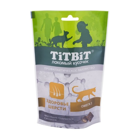TiTBiT Хрустящие подушечки для кошек с лососем для здоровья шерсти - 60 г Основное Превью